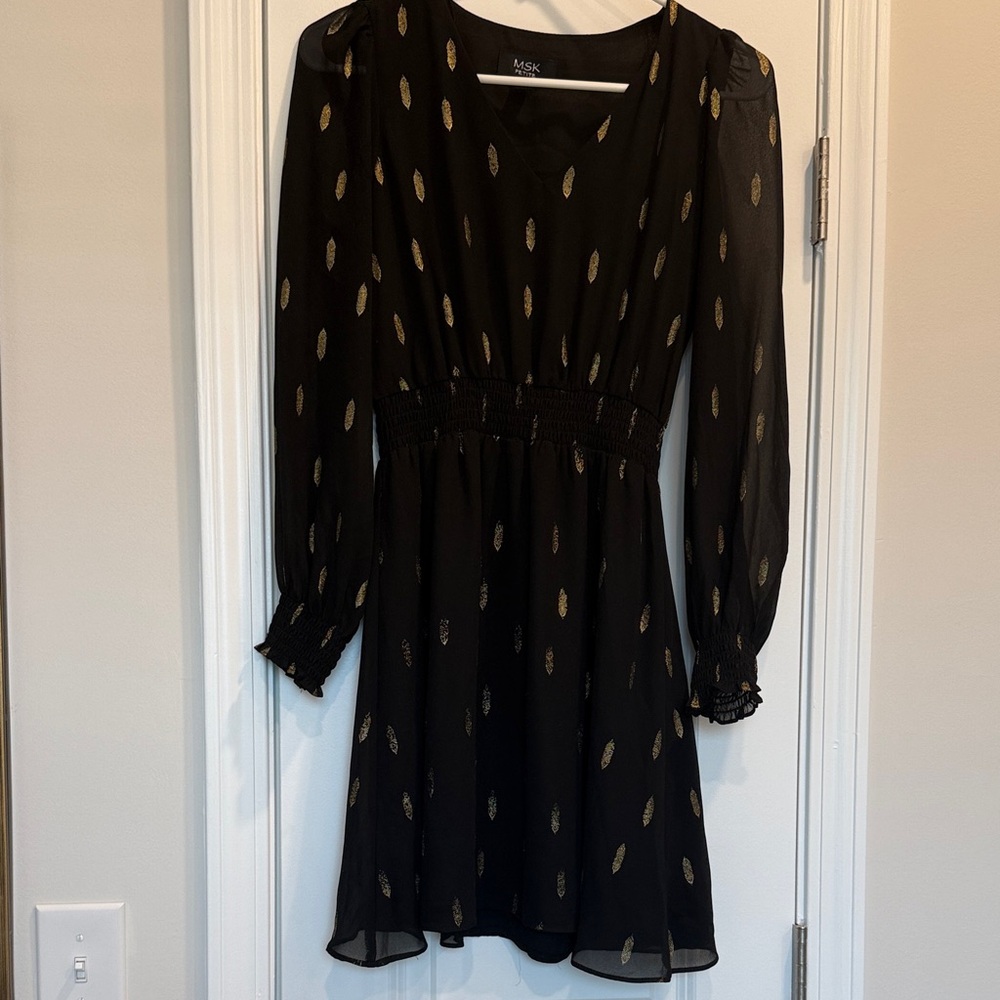 MSK Black Dress with Gold Leaf Motif